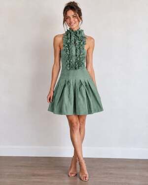 BCBG Max Azria Green Ruffle Halter Mini Dress Size 0 Pleated Y2K Open Back